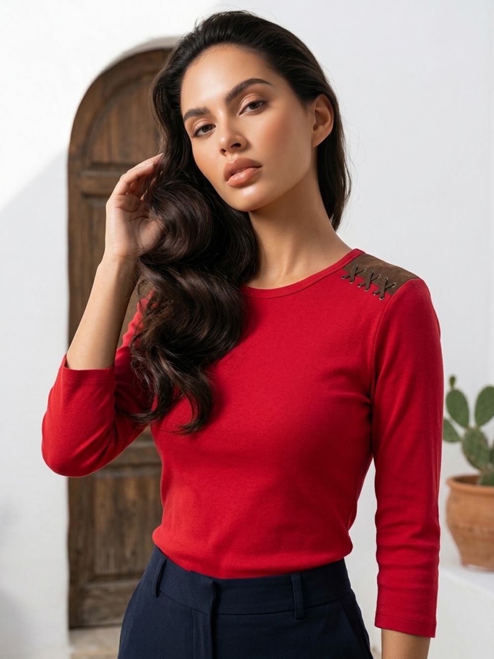 Lauren Ralph Lauren Petite Red Rib Knit Top PM Faux Suede Lace-Up Luxe Sweater